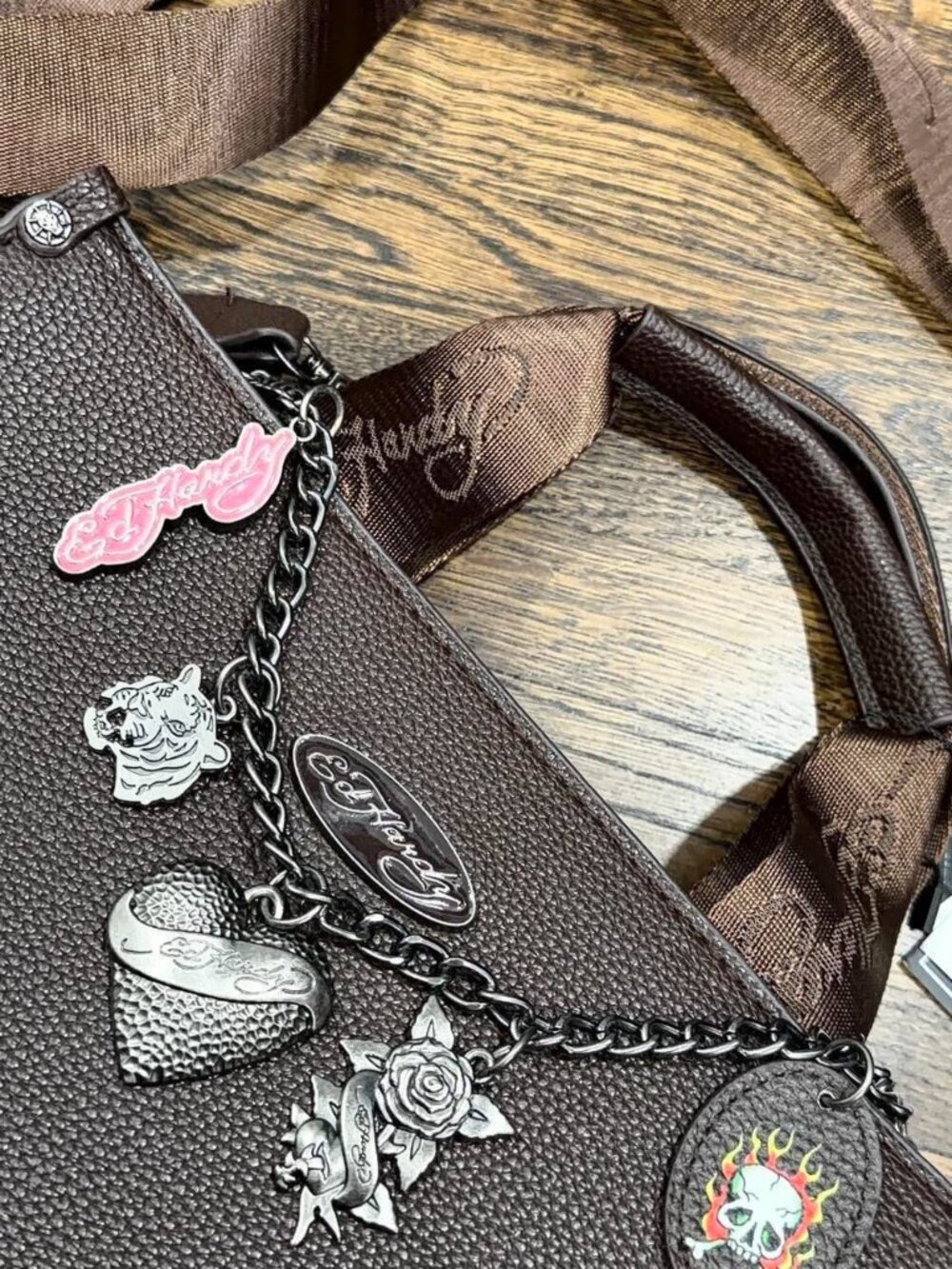 brown leather ed hardy shoulder bag with multiple charms tote y2k NWT - Picture 3 of 8